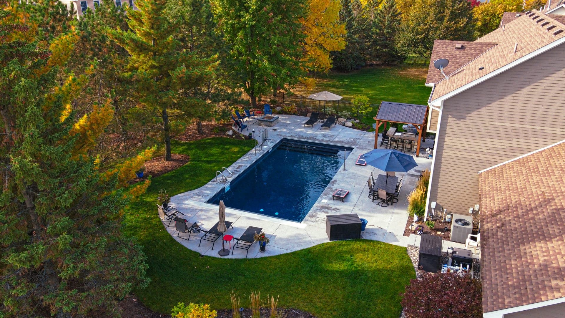 Drone shot of pool and landscaping