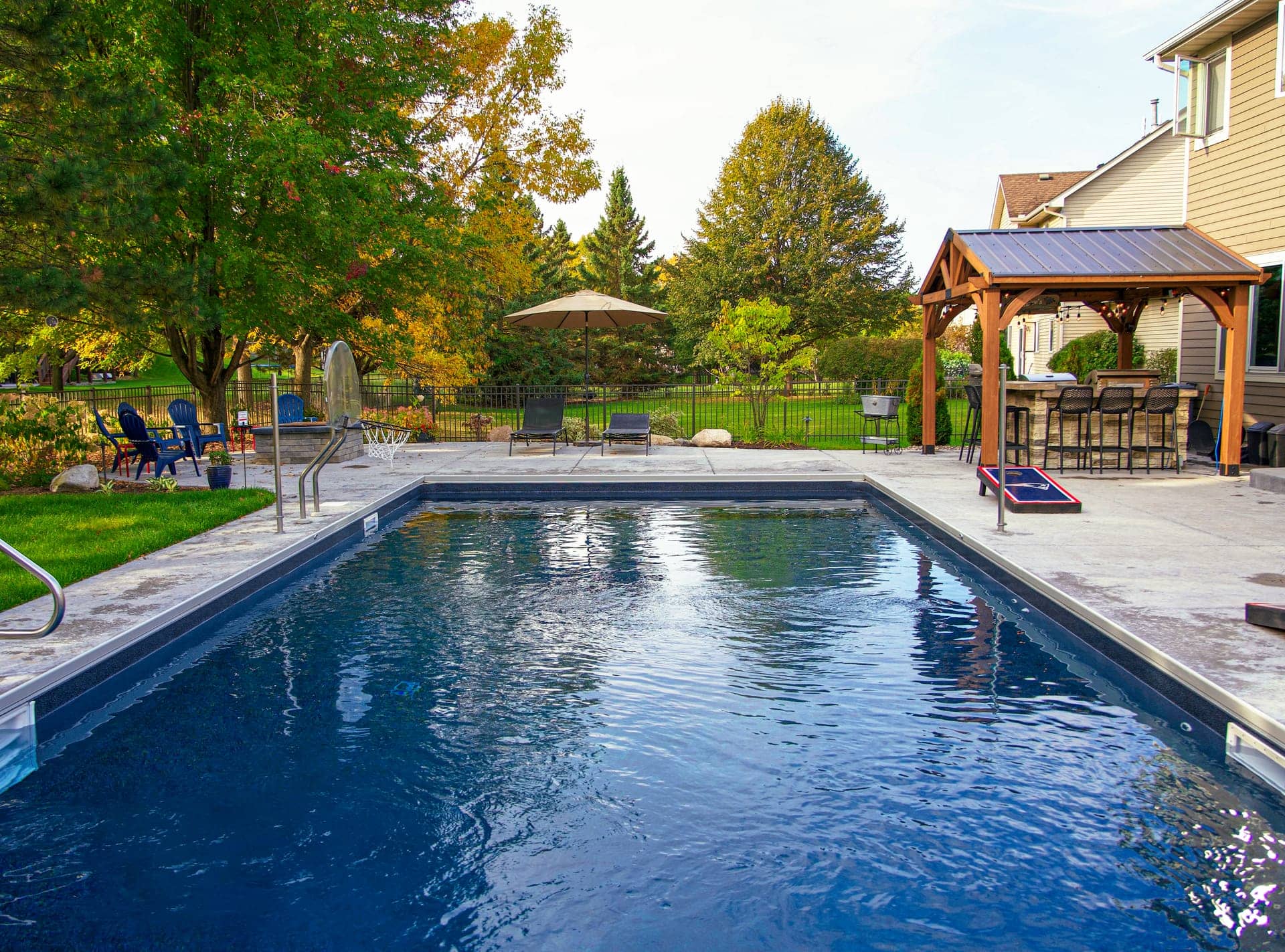 Completed backyard pool project with landscaping in the Twin Cities